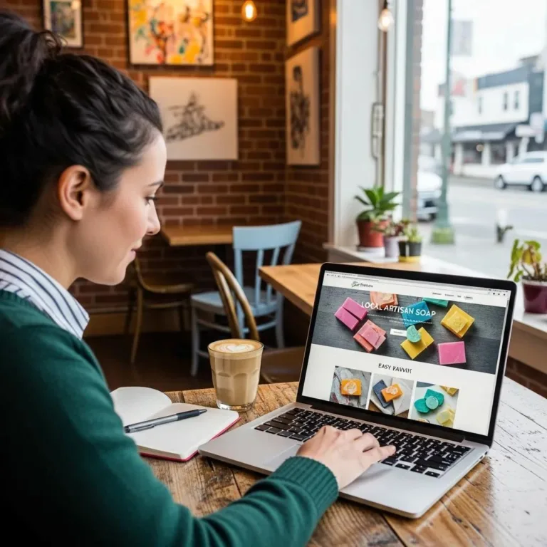 Woman designing an affordable website for local artisan soap business in cozy Oak Harbor café, featuring laptop, coffee, and casual workspace ambiance.
