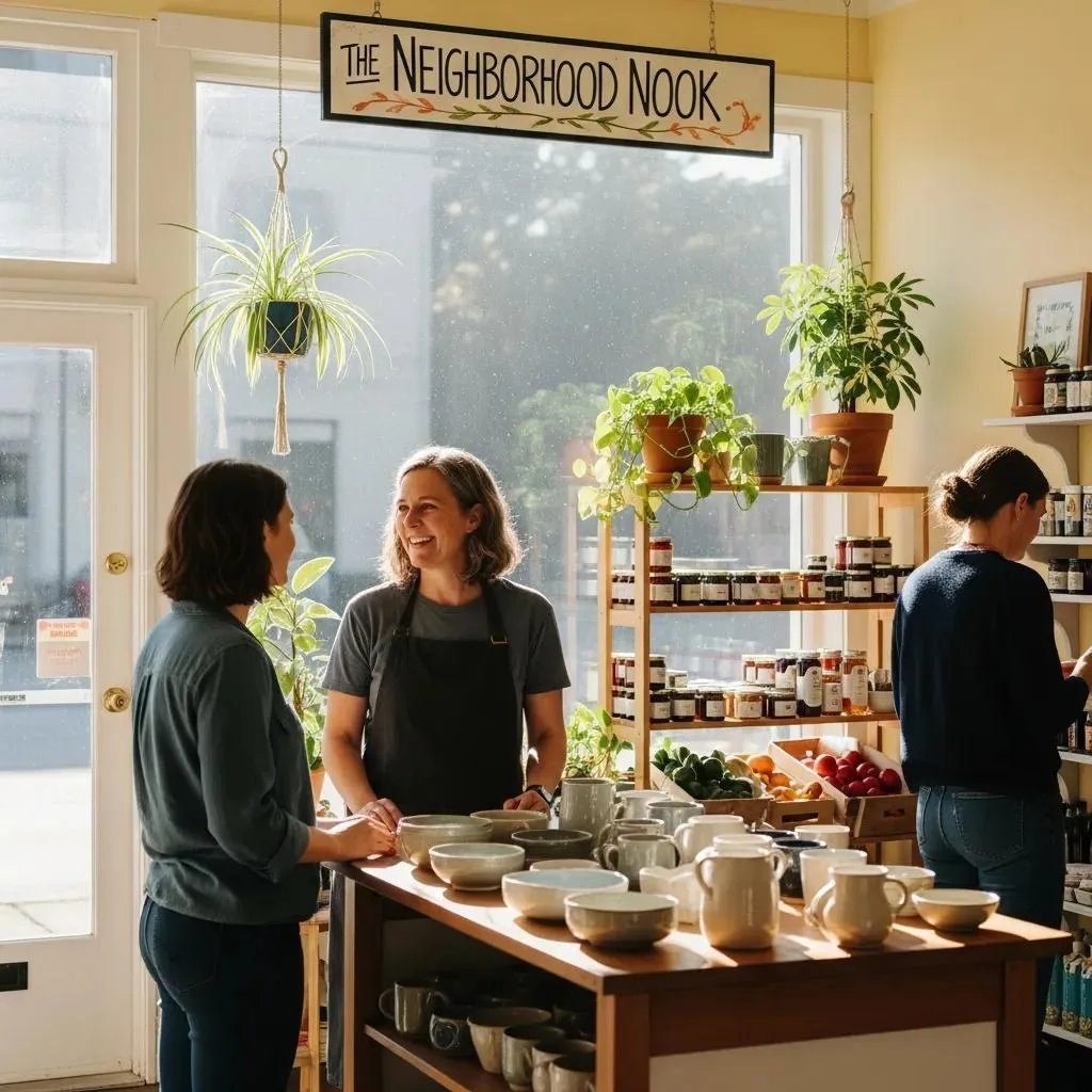 Small business owner engaging with customers in a welcoming shop environment