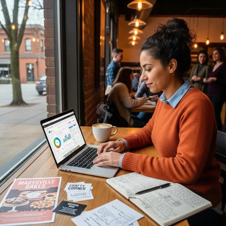 Small business owner in Marysville engaging in digital marketing strategies at a café, using a laptop to analyze data and optimize local SEO, with coffee and promotional materials visible.