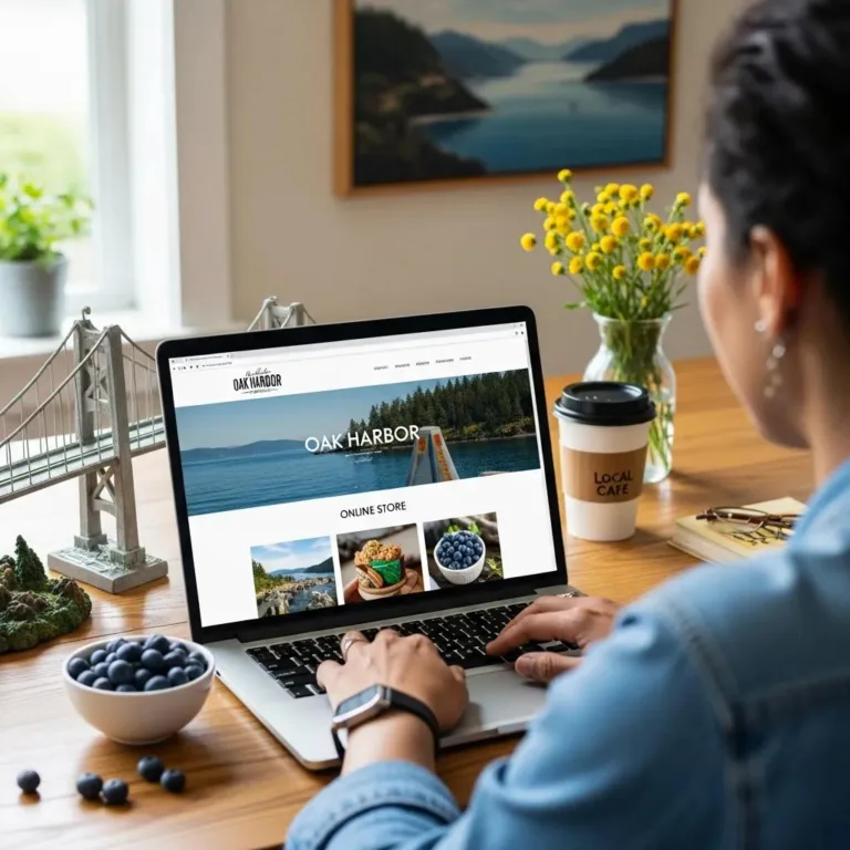 Person designing a website on a laptop, showcasing Oak Harbor's local culture and online store offerings, with a scenic background and coffee cup on the table.