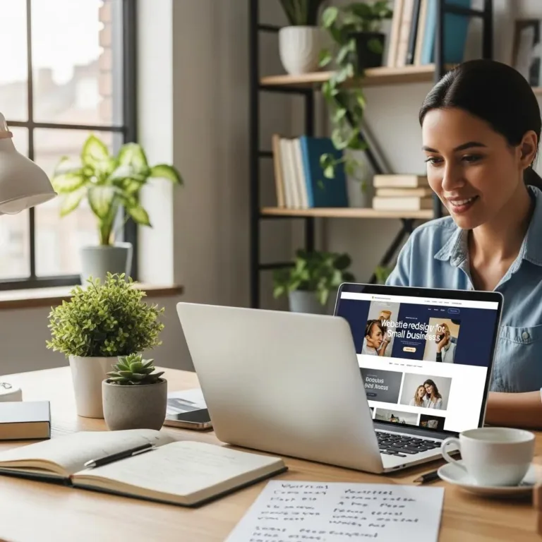 Person working on a laptop, illustrating website redesign for small business growth and visibility, with plants and notebooks in a well-lit office setting.