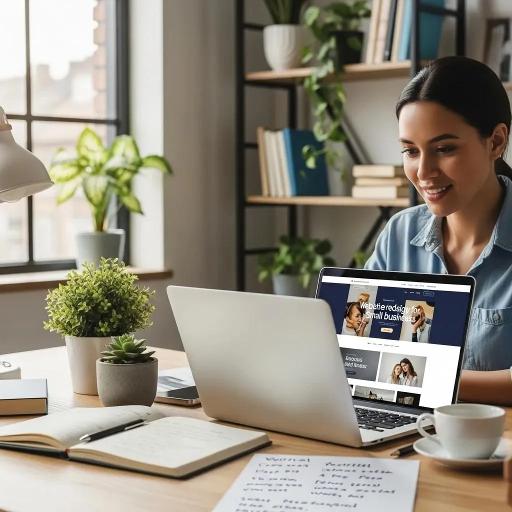 Small business owner working on a laptop, illustrating website redesign for growth and visibility