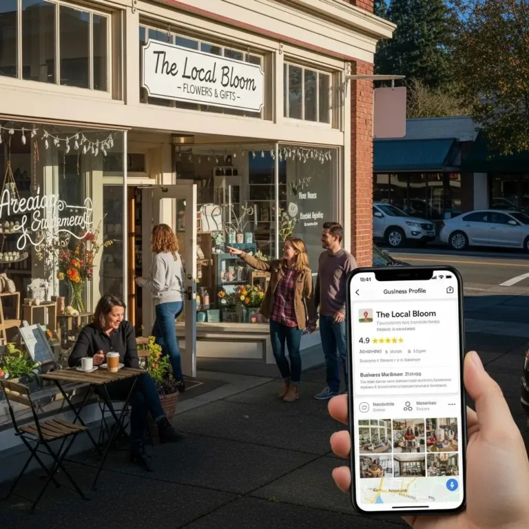 Small business storefront "The Local Bloom" in Marysville, featuring flowers and gifts, with a smartphone displaying its Google Business Profile, illustrating local SEO strategies for enhancing online visibility.