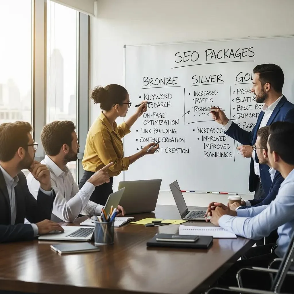 Small business team discussing SEO packages in a meeting room, highlighting Bronze, Silver, and Gold tiers with key features like keyword research, on-page optimization, and traffic increase.