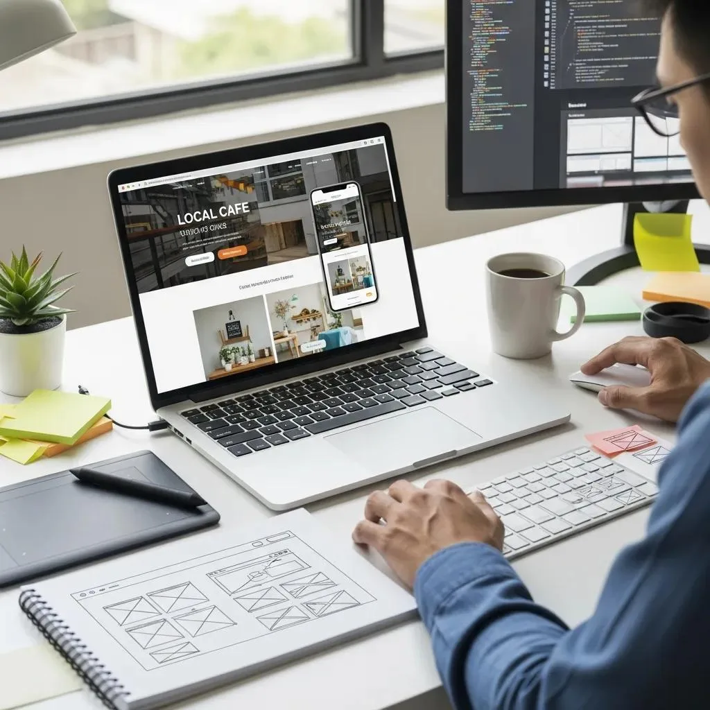 Web designer working on a mobile-responsive website for a local cafe, showcasing creativity and technical skills in digital marketing, with a sketchpad for wireframes and coding displayed on a second screen.