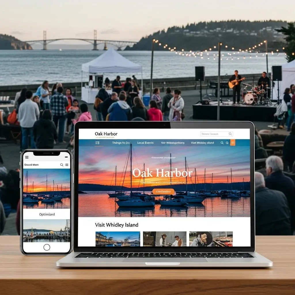 Laptop and smartphone displaying an optimized website for Oak Harbor, featuring local events, scenic waterfront views, and vibrant community atmosphere, highlighting mobile responsiveness and user engagement for local SEO strategies.