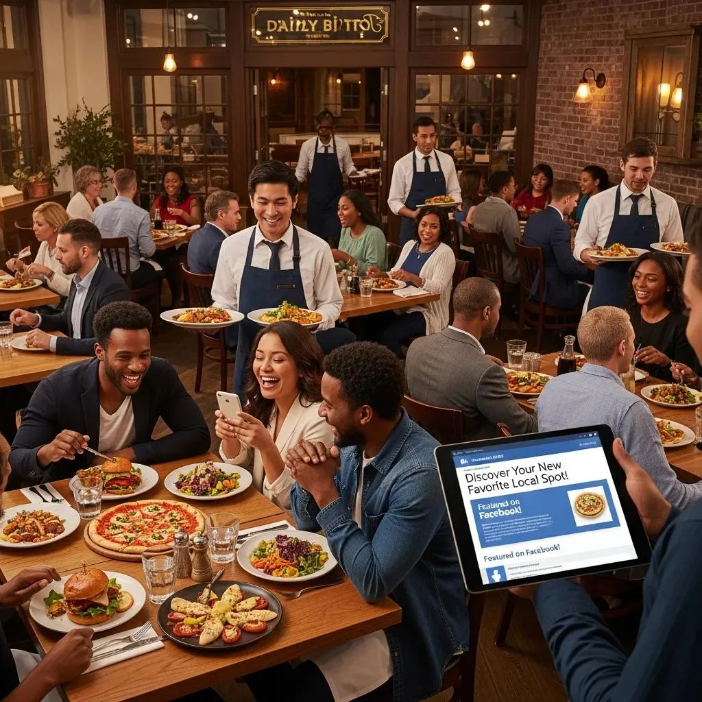 Busy local restaurant scene with diverse patrons enjoying meals, smiling, and engaging with smartphones, showcasing Facebook advertisement promoting local dining experience.