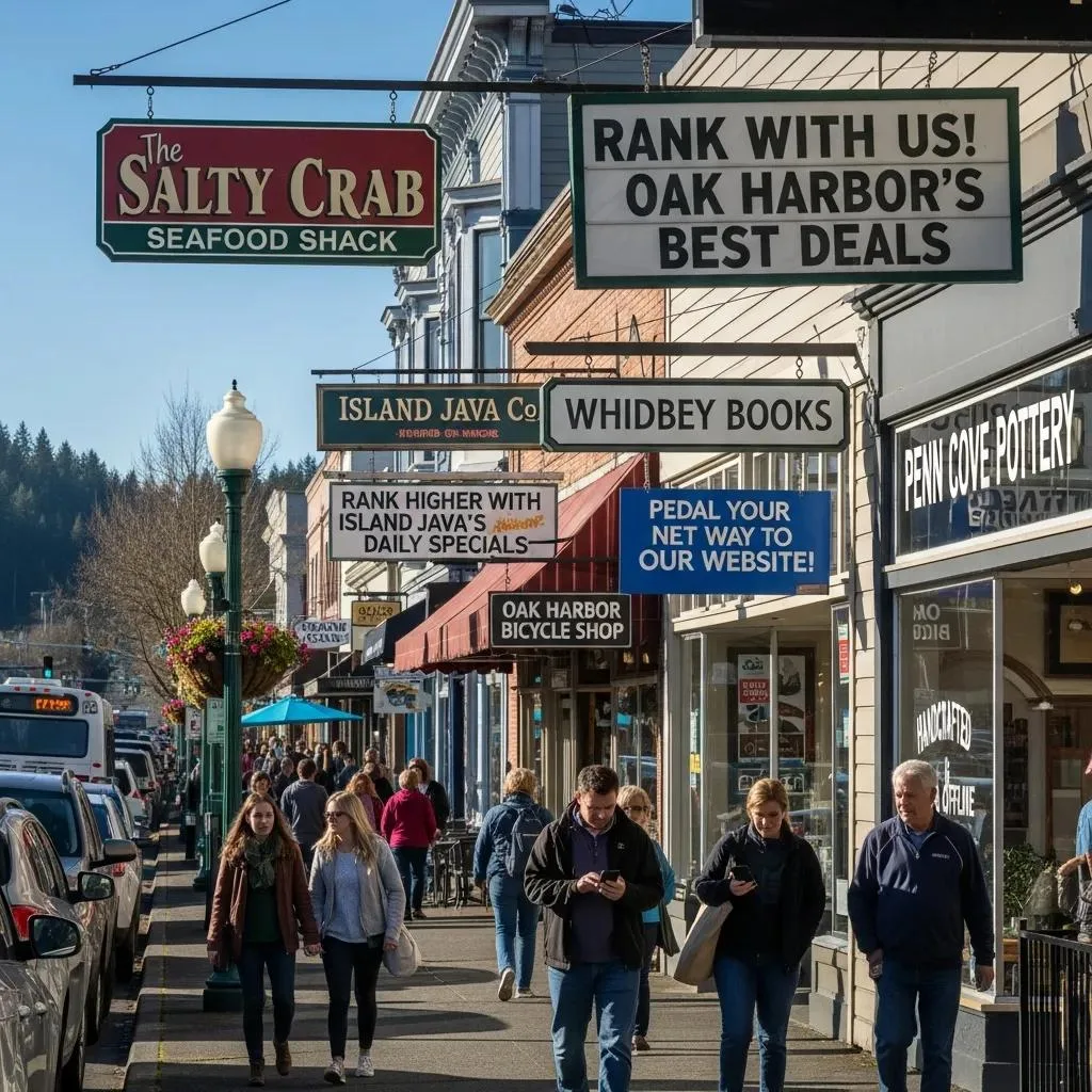 Busy Oak Harbor street lined with local businesses, featuring signs for The Salty Crab, Island Java Co, Whidbey Books, and Oak Harbor Bicycle Shop, illustrating local competition for Google Ads visibility.