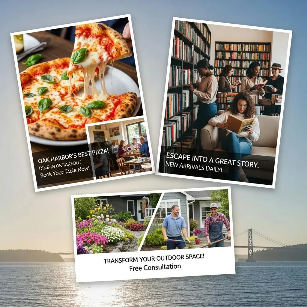 Collage of successful Facebook Ads for local businesses in Oak Harbor, featuring a pizza dish, a busy restaurant interior, people reading in a library, and a garden transformation service with promotional text highlighting dining options, new book arrivals, and outdoor consultations.