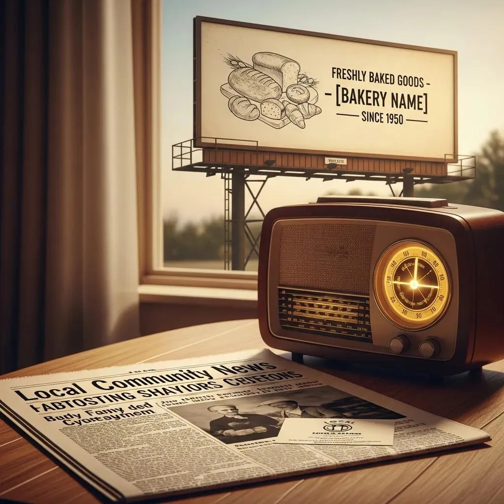 Collage of traditional advertising methods for local businesses, featuring a newspaper, radio, and a billboard promoting freshly baked goods, emphasizing local marketing strategies in Oak Harbor.