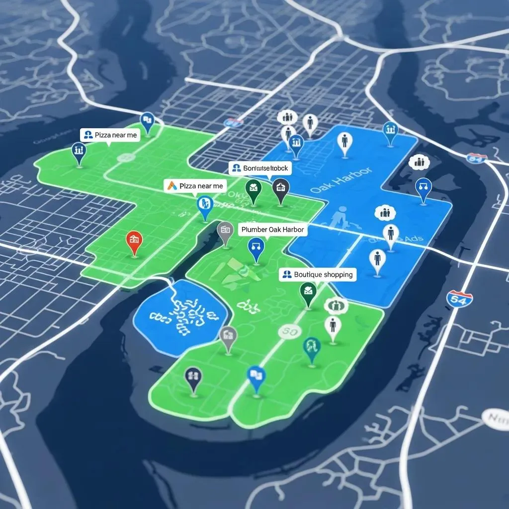 Digital map of Oak Harbor highlighting geo-targeting techniques for Google Ads, featuring local business markers like "Pizza near me" and "Plumber Oak Harbor," illustrating effective local advertising strategies.