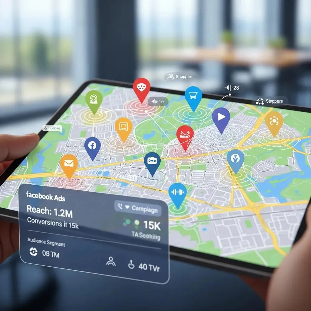 Digital map displaying local targeting for Facebook Ads, featuring various location markers and analytics data, emphasizing audience reach and engagement metrics for local businesses.