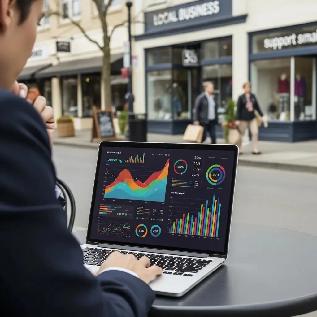 Digital marketing professional analyzing Google Ads performance data on laptop outdoors, with local businesses in Oak Harbor visible in the background.