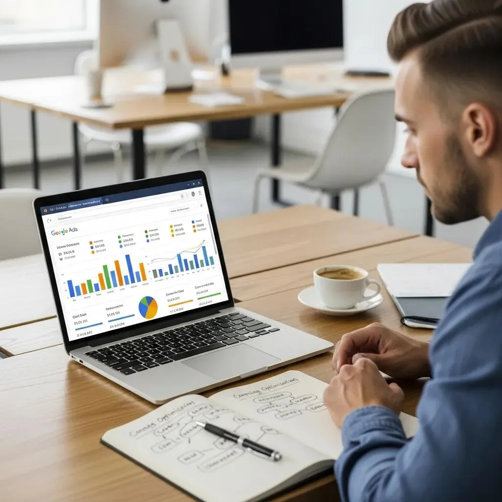 Digital marketing professional analyzing Google Ads metrics in a modern workspace