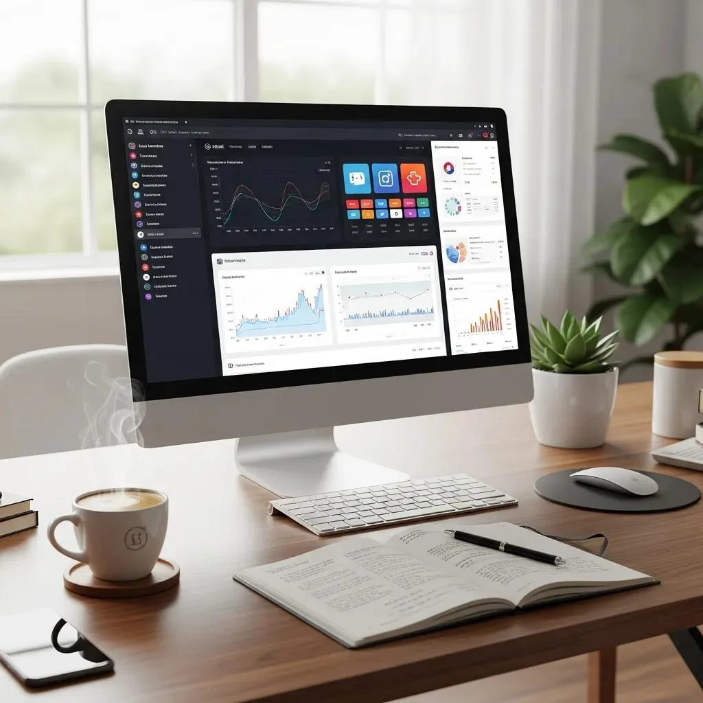 Digital marketing workspace featuring computer displaying analytics graphs and metrics, with coffee cup and notebook, representing advertising strategies and budgeting for small businesses in Oak Harbor.