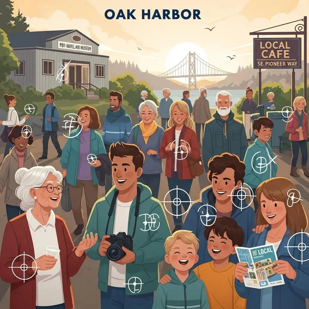 Diverse community members enjoying a lively gathering in Oak Harbor, featuring local landmarks like the PBY-Naval Air Museum and Local Cafe, emphasizing targeted advertising strategies for local businesses.