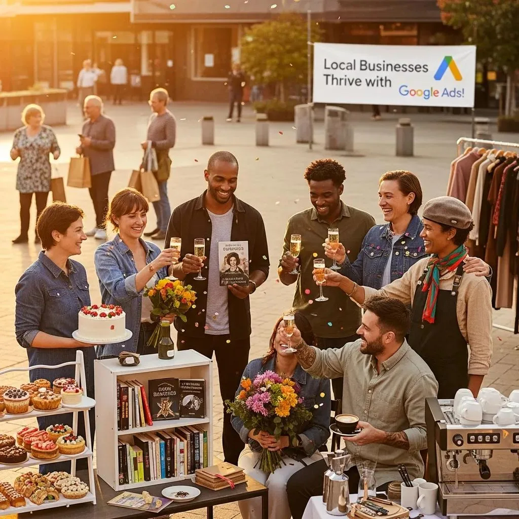 Diverse group of local business owners celebrating success with champagne, displaying products like baked goods and flowers, with a banner promoting Google Ads for local businesses in Oak Harbor.