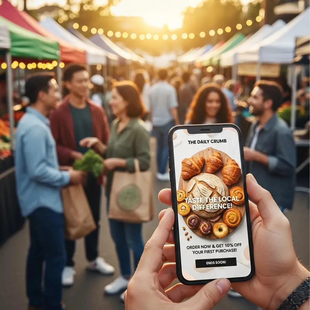 Smartphone displaying a local bakery advertisement for "The Daily Crumb" featuring baked goods, with people interacting at a vibrant outdoor market setting.