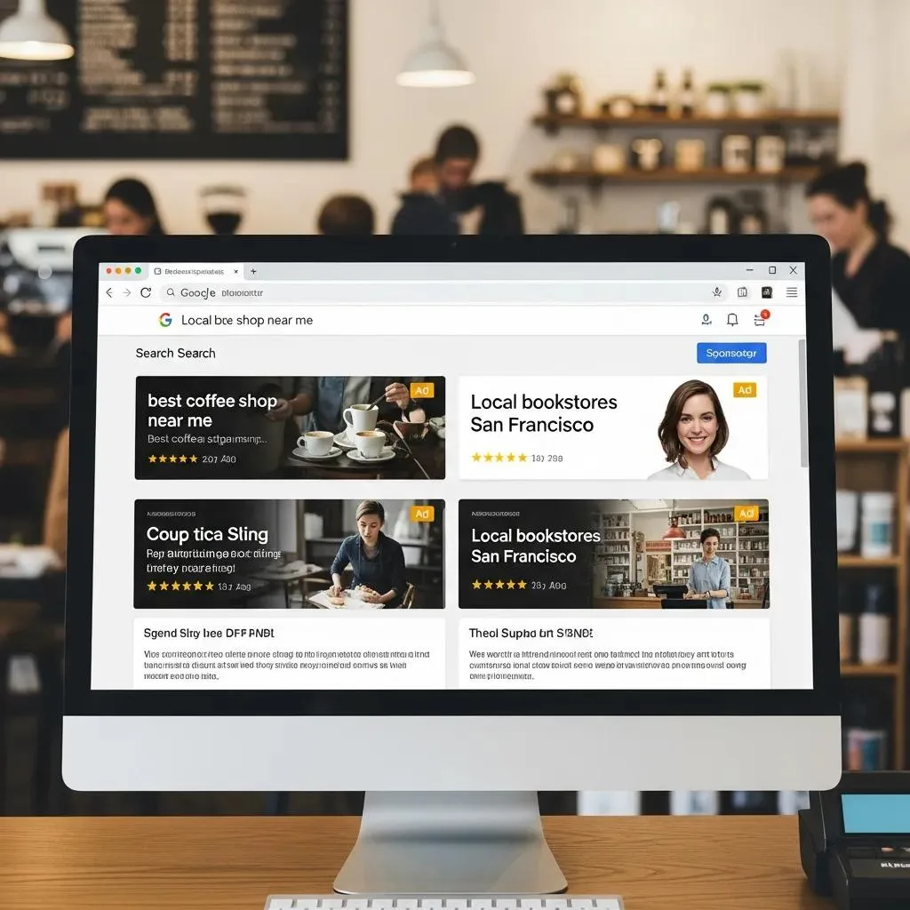 Computer screen displaying Google search results for "Local bee shop near me," featuring sponsored ads for local businesses, including coffee shops and bookstores, emphasizing targeted advertising for local consumers.