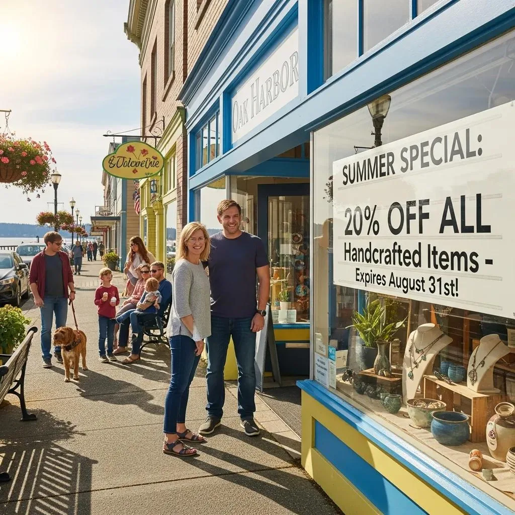 Local business storefront in Oak Harbor, featuring a summer special sign for 20% off handcrafted items, with a couple standing in front and community members engaging nearby.
