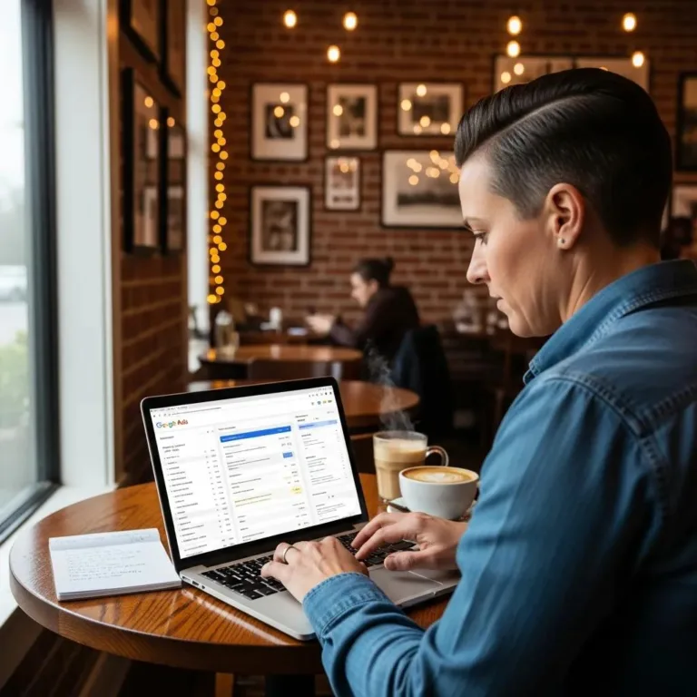 Local business owner analyzing Google Ads on laptop in café, emphasizing digital marketing strategies for Oak Harbor.
