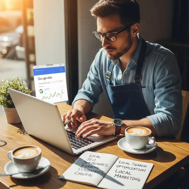 Local business owner analyzing Google Ads on a laptop in a coffee shop, emphasizing local SEO strategies, with notes on local marketing and SEO tactics visible.
