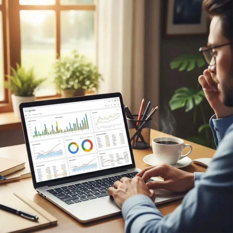 Local business owner analyzing Google Ads insights on laptop in cozy office, showcasing performance metrics and analytics for effective advertising strategies.