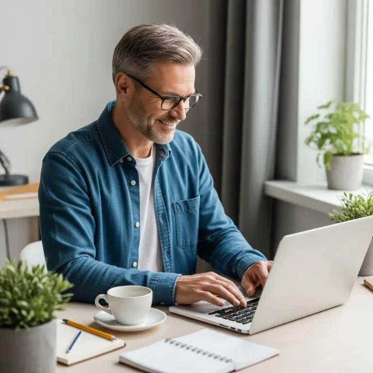 Local business owner creating Facebook ads in a cozy workspace, focused on laptop, with coffee cup and notepad nearby, emphasizing digital marketing strategies for Oak Harbor, WA.