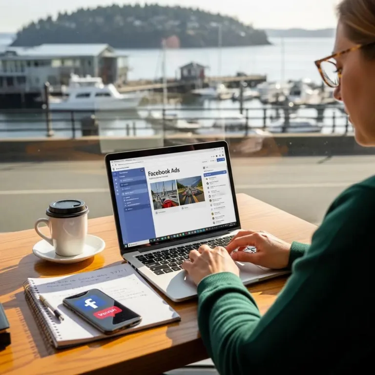 Person working on a laptop displaying Facebook Ads, with a coffee cup and smartphone on a table, overlooking a waterfront in Oak Harbor, emphasizing digital marketing for local businesses.