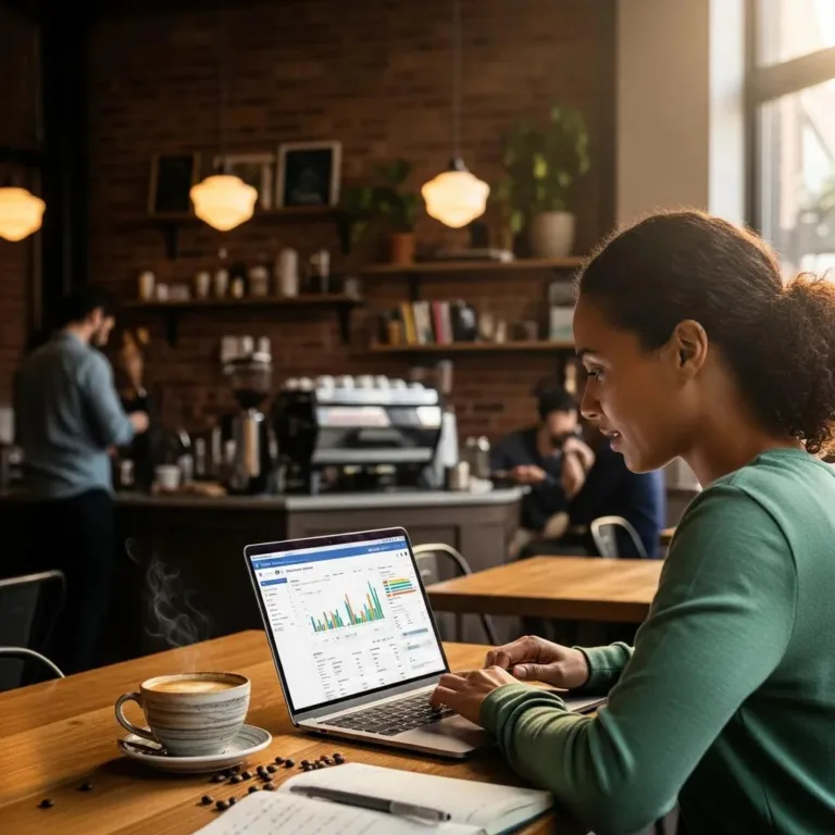 Woman analyzing Facebook Ads performance on a laptop in a café, with a cup of coffee and a casual workspace setting, reflecting digital marketing strategies for local businesses in Oak Harbor.