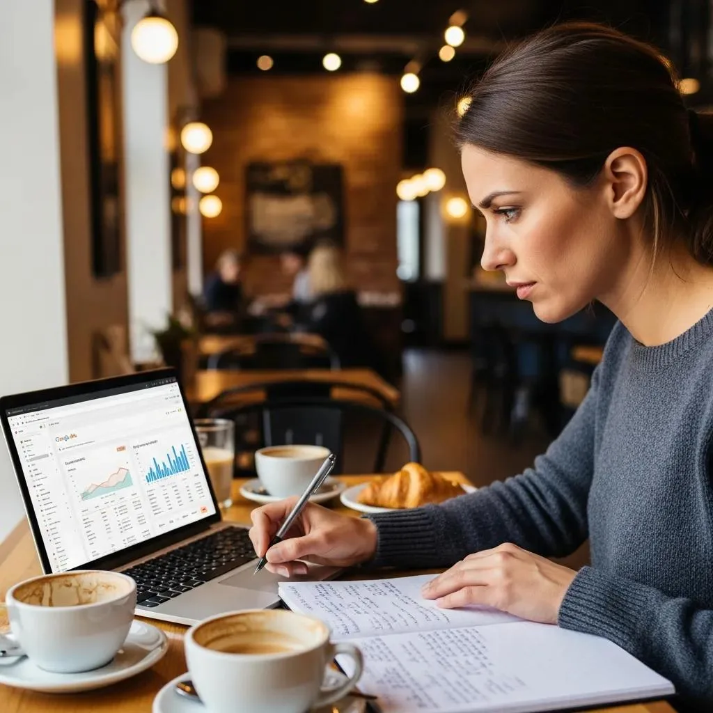 Woman reviewing Google Ads performance data on laptop in café, taking notes, with coffee cups and pastries on table, illustrating digital marketing strategies for local businesses in Oak Harbor.
