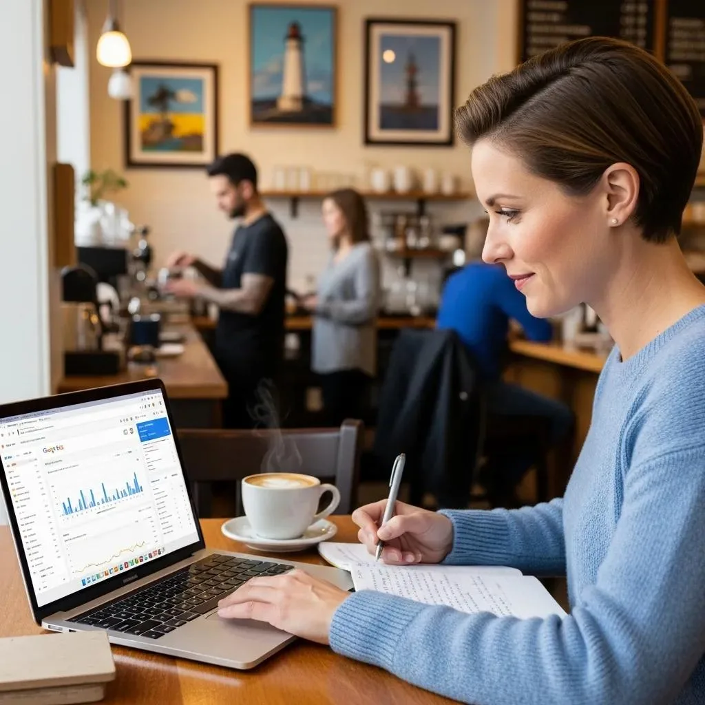 Woman reviewing Google Ads performance on laptop in café, with coffee cup and notes, emphasizing local business marketing strategies.