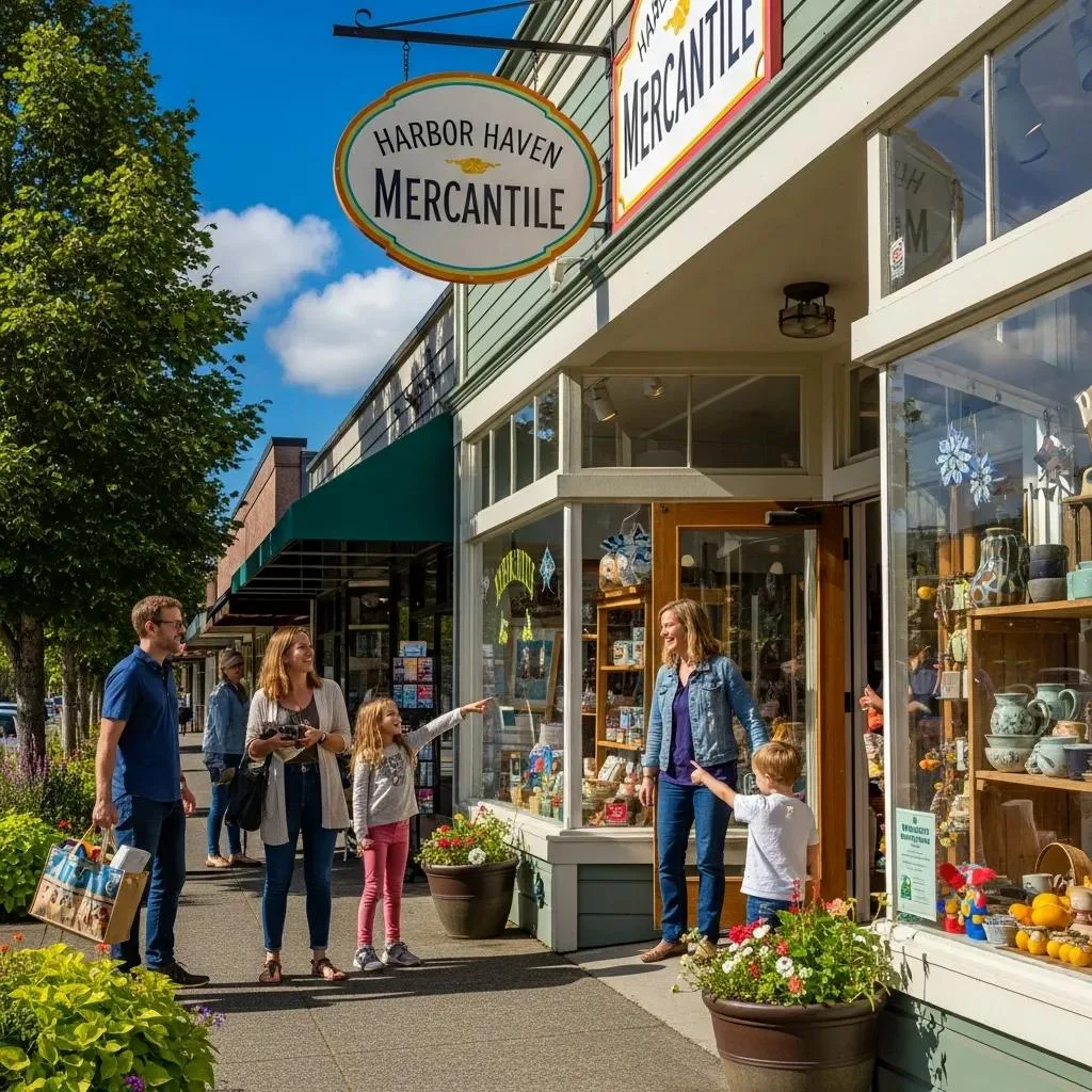 Local family engaging with storefront of Harbor Haven Mercantile in Oak Harbor, WA, showcasing community commerce and customer interaction.
