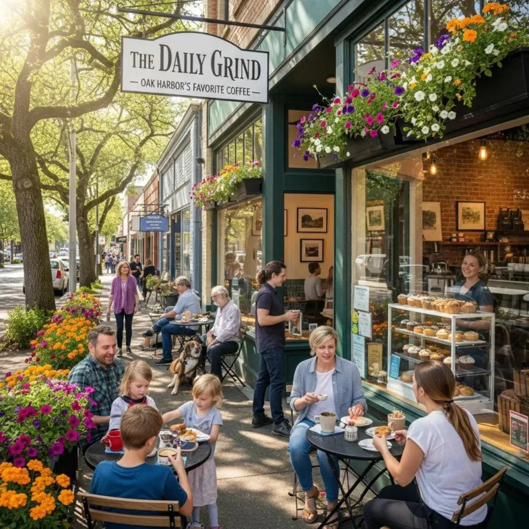 Local business storefront, The Daily Grind, in Oak Harbor, featuring customers enjoying coffee and pastries outside, showcasing community engagement and vibrant atmosphere.