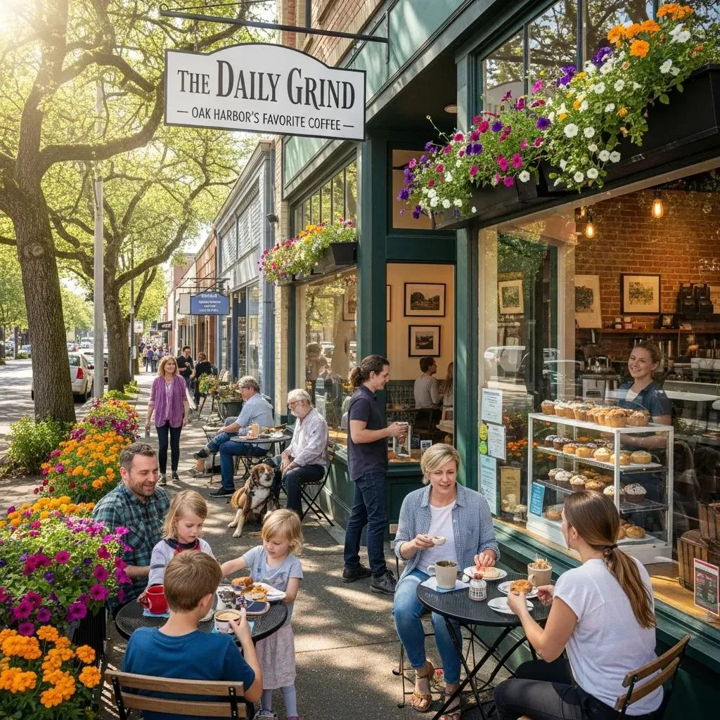 Local coffee shop "The Daily Grind" in Oak Harbor with customers enjoying food and drinks outdoors, showcasing community engagement and vibrant storefront atmosphere.