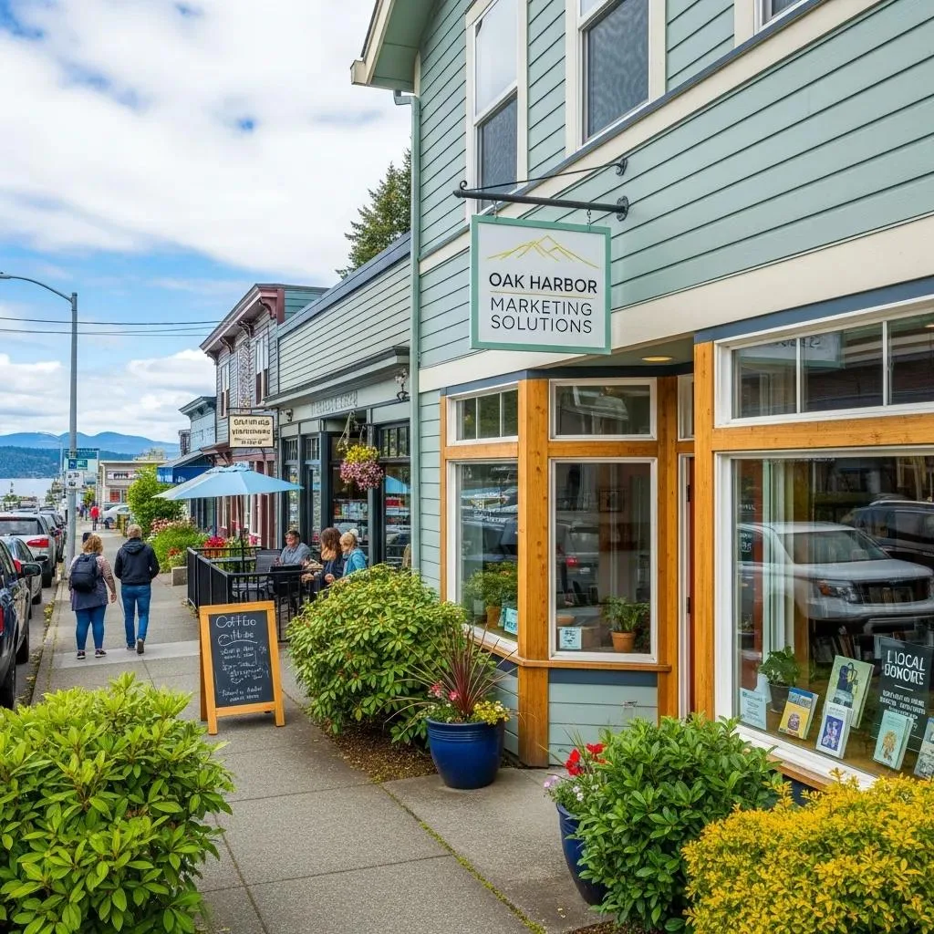 Oak Harbor Marketing Solutions storefront in a vibrant community setting, showcasing local business focus with pedestrians, greenery, and nearby shops.