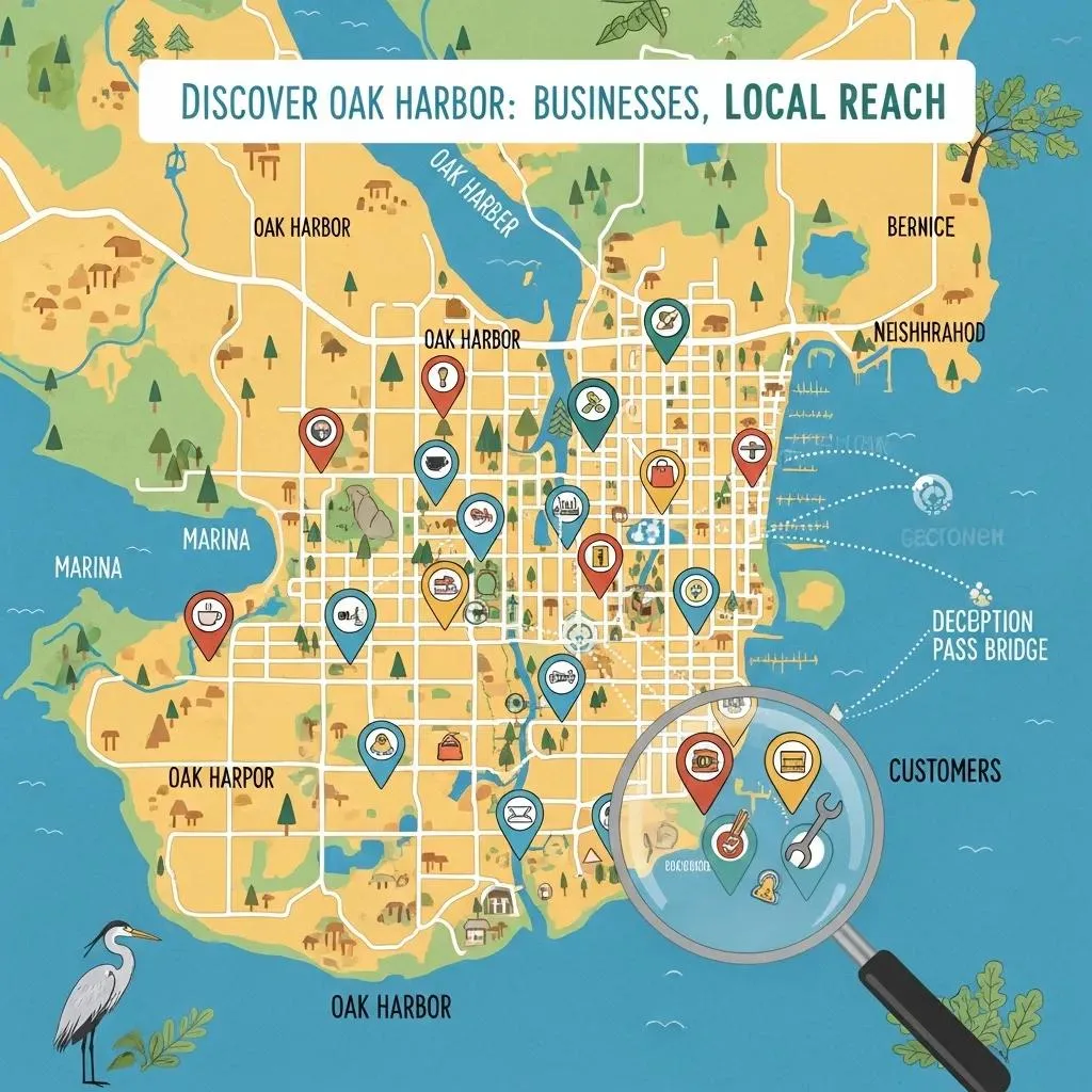 Map of Oak Harbor highlighting local businesses for geotargeting in digital marketing, featuring icons representing various services and a magnifying glass focusing on customer locations.