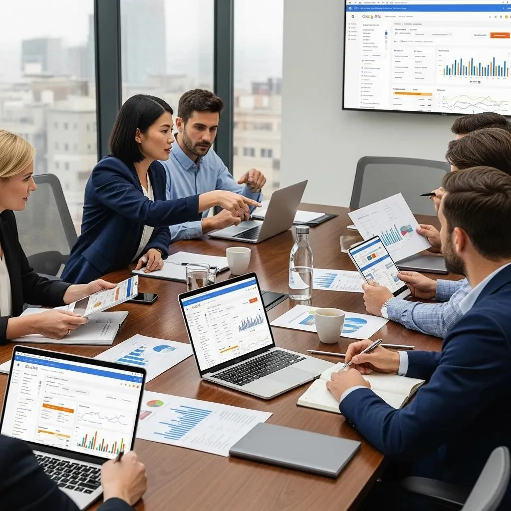 Marketing agency team discussing Google Ads management strategies in a conference room, analyzing performance data on laptops and printed reports, emphasizing PPC and conversion tracking for ROI optimization.