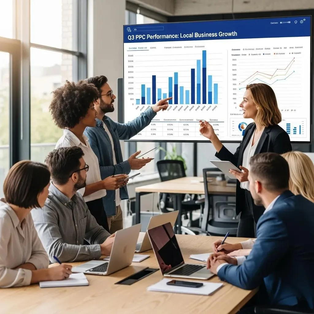 Marketing team collaborating on PPC strategies in a modern office, analyzing Q3 performance data for local business growth displayed on a screen.