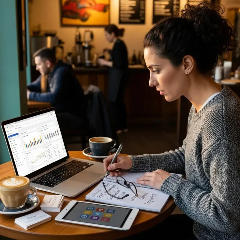 Woman analyzing Google Ads performance on laptop in cozy café, taking notes with pen, coffee cup beside her, emphasizing local business marketing strategies in Oak Harbor.