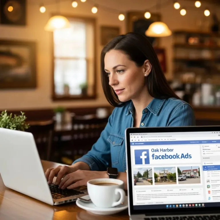Small business owner in cozy cafe analyzing Facebook Ads for local businesses in Oak Harbor, with laptop displaying Facebook Ads interface and coffee cup on table.