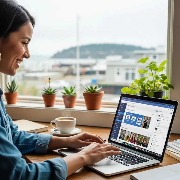 Woman creating Facebook ads on laptop in cozy workspace with plants, enhancing local business visibility in Oak Harbor.