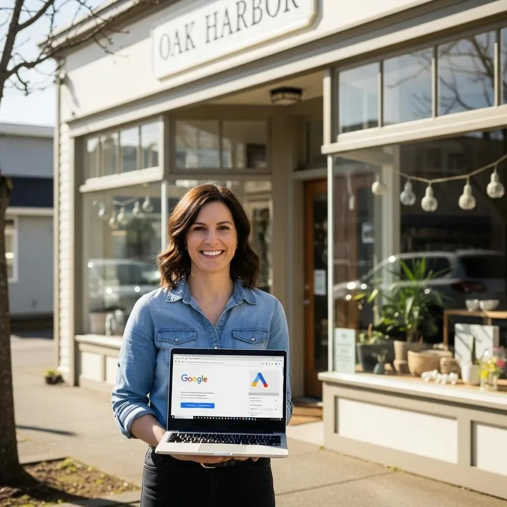 Small business owner in Oak Harbor holding a laptop displaying Google Ads, in front of their shop, promoting local advertising strategies.