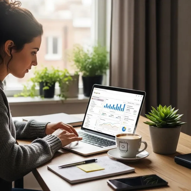 Woman reviewing Google Ads performance on laptop in cozy office setting with plants and coffee cup.