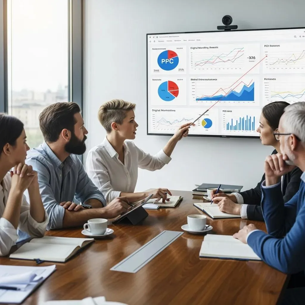 Small business team discussing PPC strategies in a meeting room, analyzing digital marketing data on a screen, with graphs and charts illustrating ROI and performance metrics.